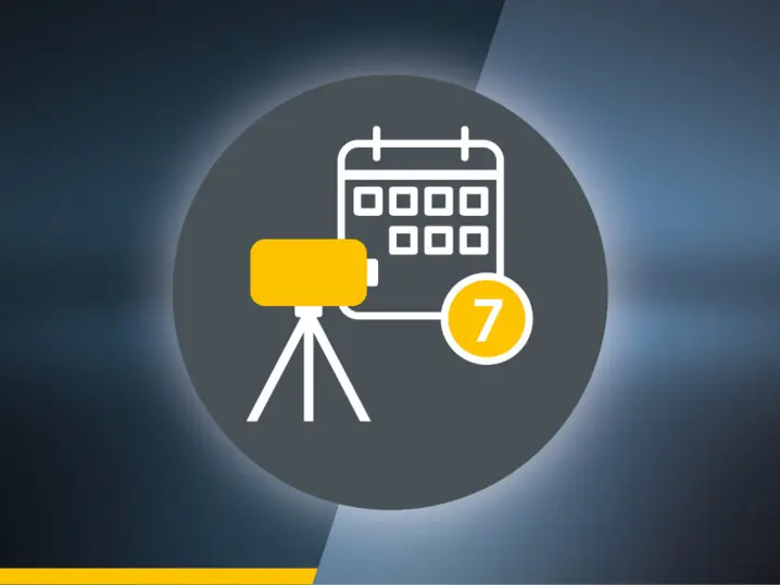 Calendar icon with number 7 and a tripod-mounted device, symbolizing scheduled surface profiler testing or demo.
