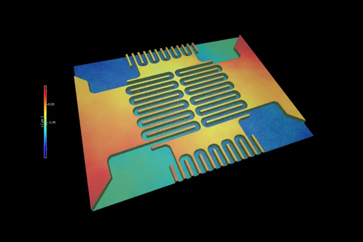 3D topography map of a microelectromechanical system (MEMS) sensor showing height variations in nanometer resolution using interferometry.