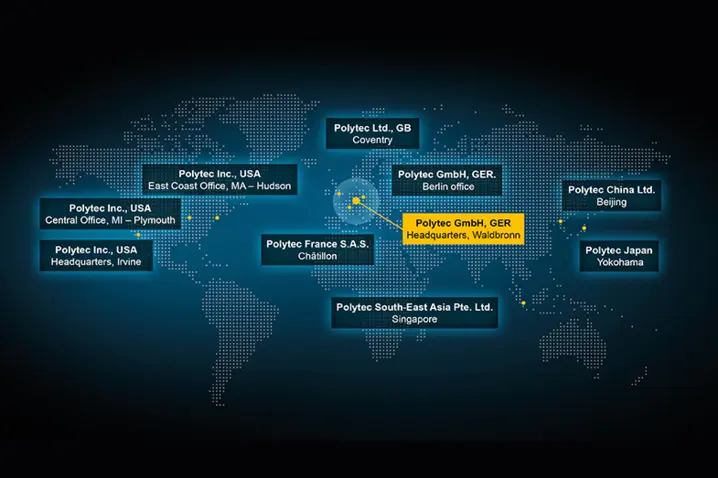 Global map highlighting Polytec’s worldwide offices and headquarters in Waldbronn, Germany, with blue and yellow location markers.