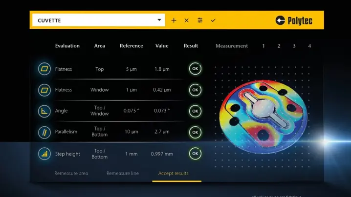 Polytec surface measurement software interface showing flatness, angle, parallelism, and step height analysis with a colorful 3D surface map.