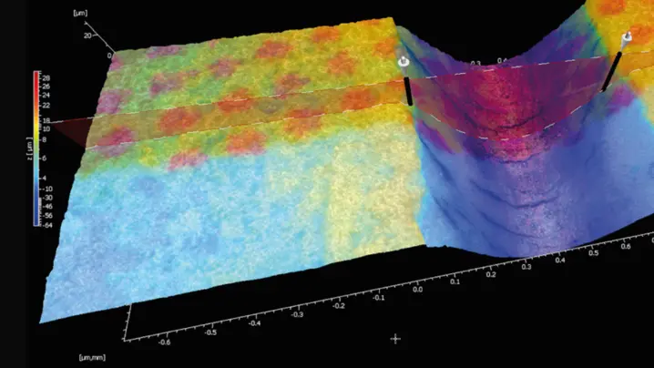 3D surface roughness map with color-coded topography illustrating microstructure variations and precise depth measurement in micrometers.