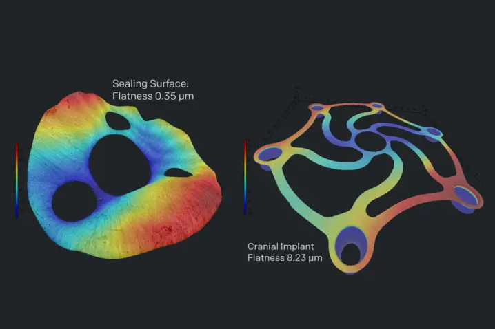 3D color-coded surface flatness maps of a sealing surface with 0.35 µm and a cranial implant with 8.23 µm flatness precision.