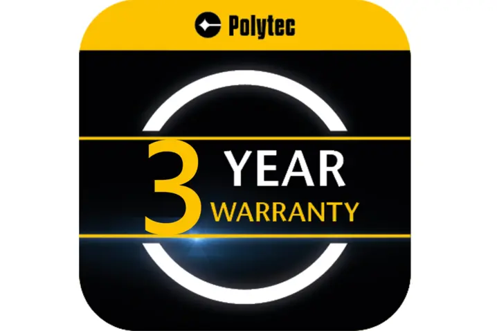 Polytec 3 year warranty badge with black and yellow design, emphasizing durable laser sensor performance.
