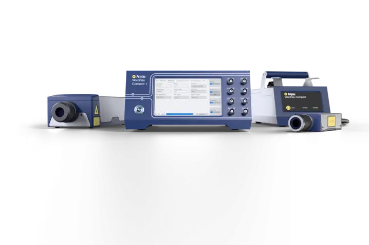 Polytec VibroFlex 产品系列,包括两个激光传感器头和 Connect+ 前端,用于非接触振动测量。