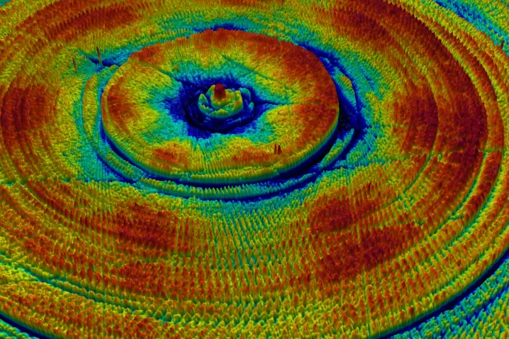 Color-coded 3D surface topography map highlighting wear and abrasion patterns for tribology analysis using optical profilometry.