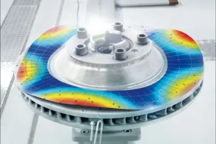 Brake disc vibration analysis with color-coded topography mapping for precise surface metrology and quality control.