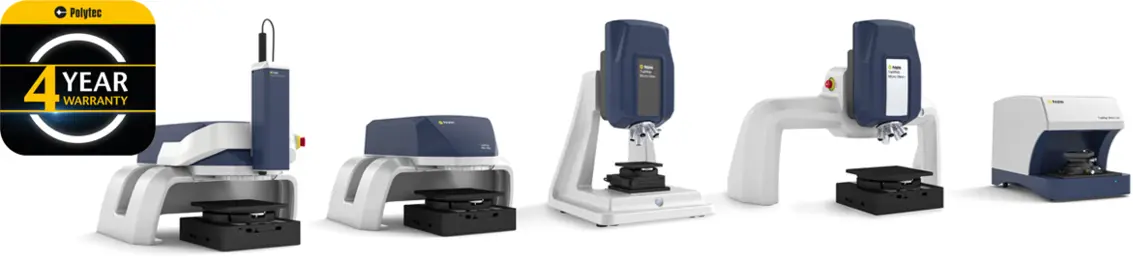 Row of Polytec surface profilers showcasing diverse models under 4-year warranty for advanced material and surface analysis.