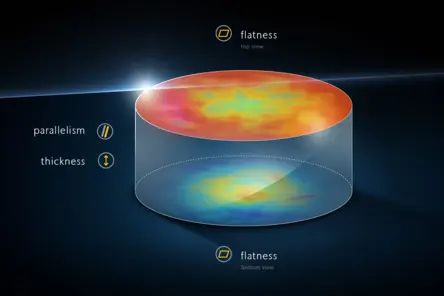 3D illustration of a cylindrical object highlighting flatness from top and bottom views, thickness, and parallelism measurements.