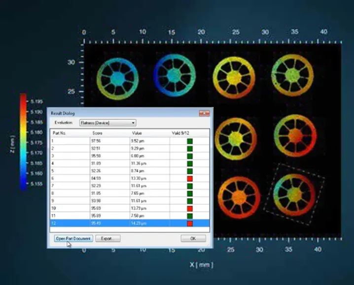 Color-coded flatness measurement results of circular parts with a detailed data table and scale indicators in millimeters.