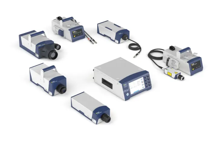 Polytec VibroFlex 产品系列,包括 Connect+ 前端和用于非接触振动测量的激光传感器头。