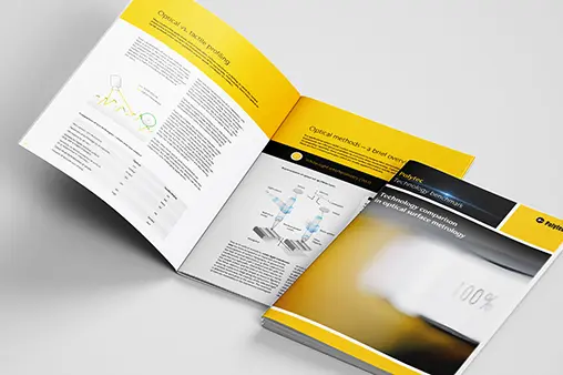 Open brochure from Polytec on white-light interferometry, featuring technical diagrams and optical surface metrology content.