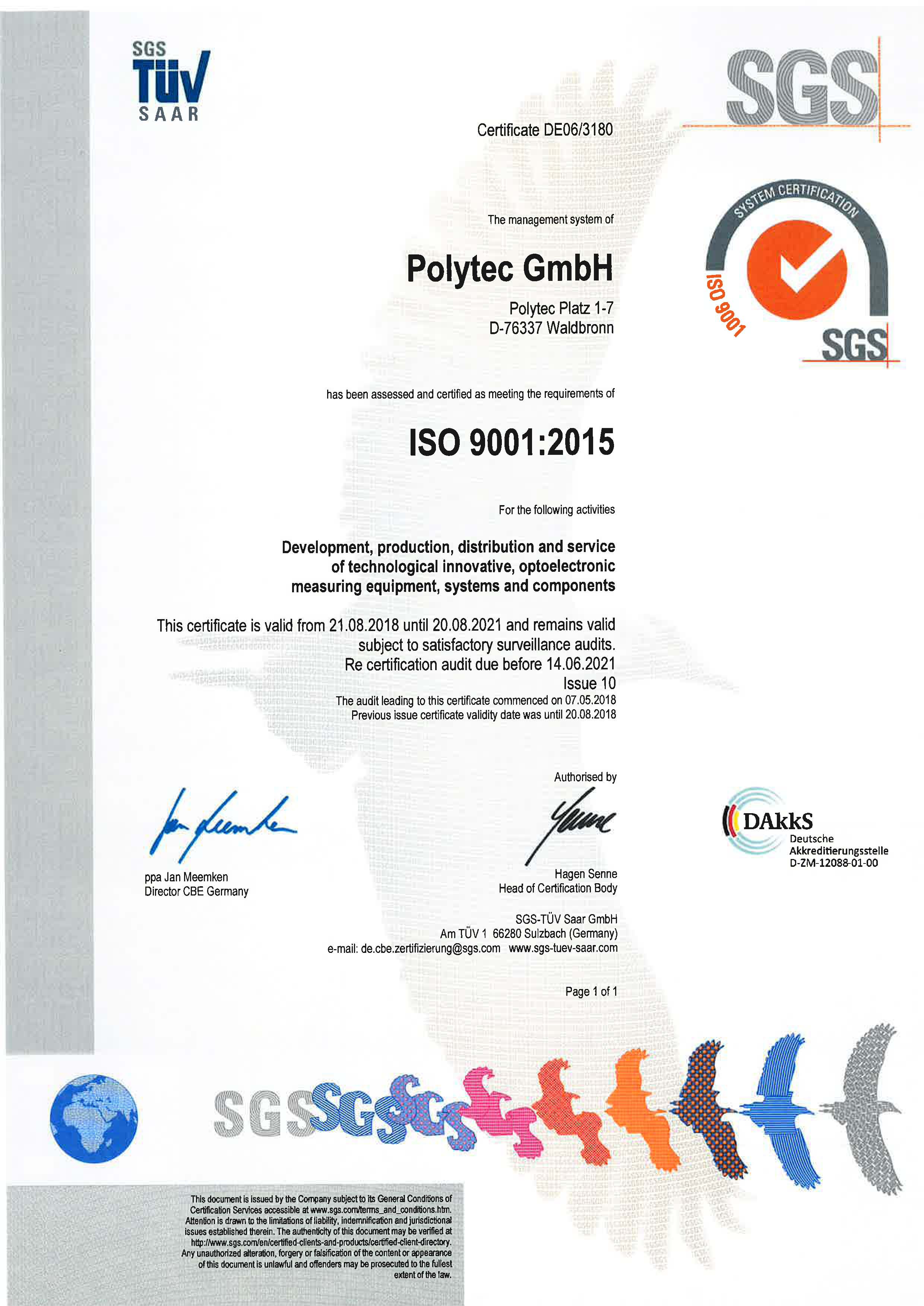 ISO 9001:2015质量管理体系认证证书